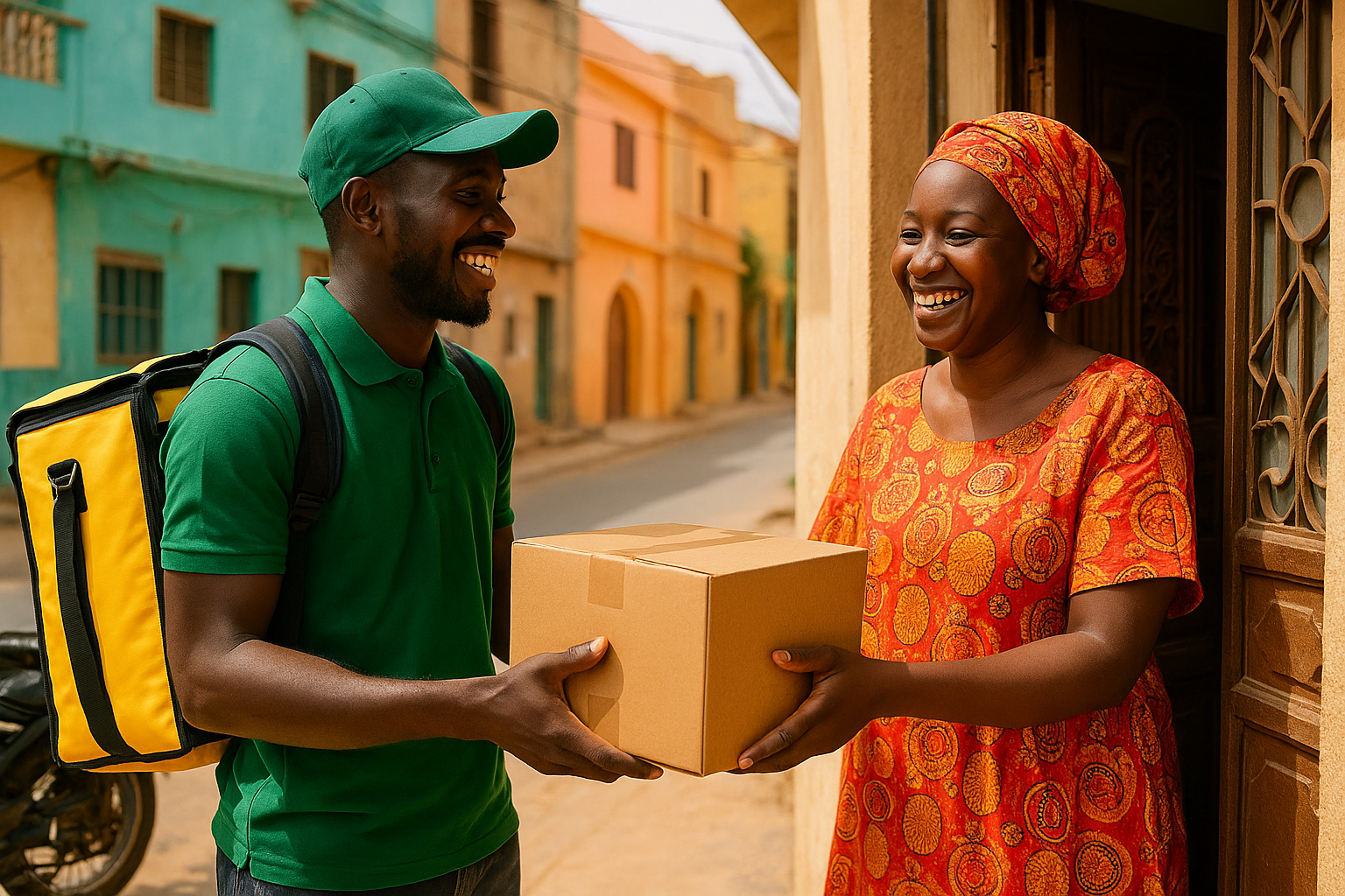 CREE UN IMAGE  D'UN LIVREUR SENEGALAIS QUI DONNE UN PAQUET A UNE FEMME SENEGELAISE : ILS SONT DEVANT LA PORTE AVEC LE SOURIRE DANS LES RUE DE SACRE COEURS DAKAR SENEGAL