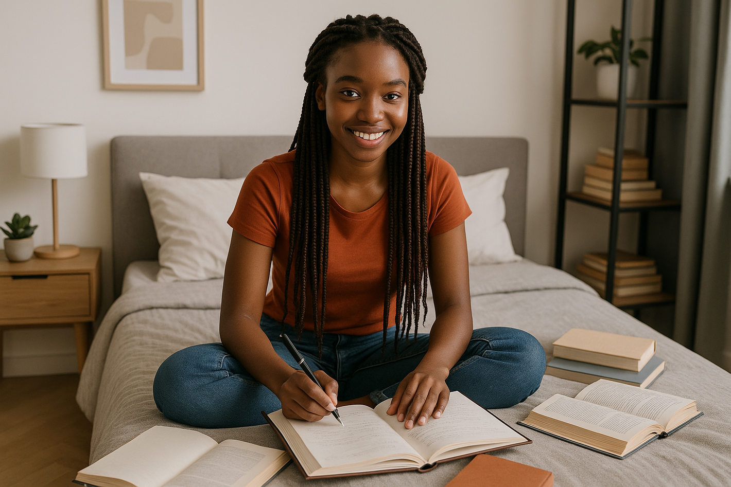 genere une jeune senegalais eres mignone agee de 22ans etant dans sa chambre moderne avec des livre et cahiers sur le lit comme coifure elle a des meche style rasta 